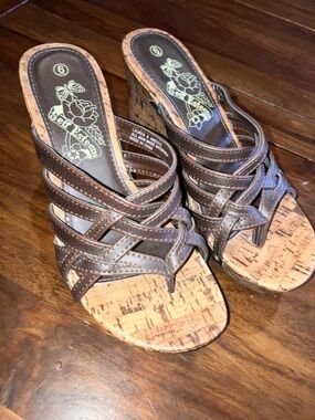 Self Esteem Brown Strappy Cork-Look Wedge Sandals